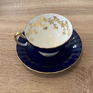 Vintage Cobalt Blue and Gold Leaf Design Aynsley Teacup and Saucer